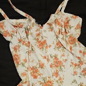Floral Corset Dress Cream with Coral Rose Print Sz Small